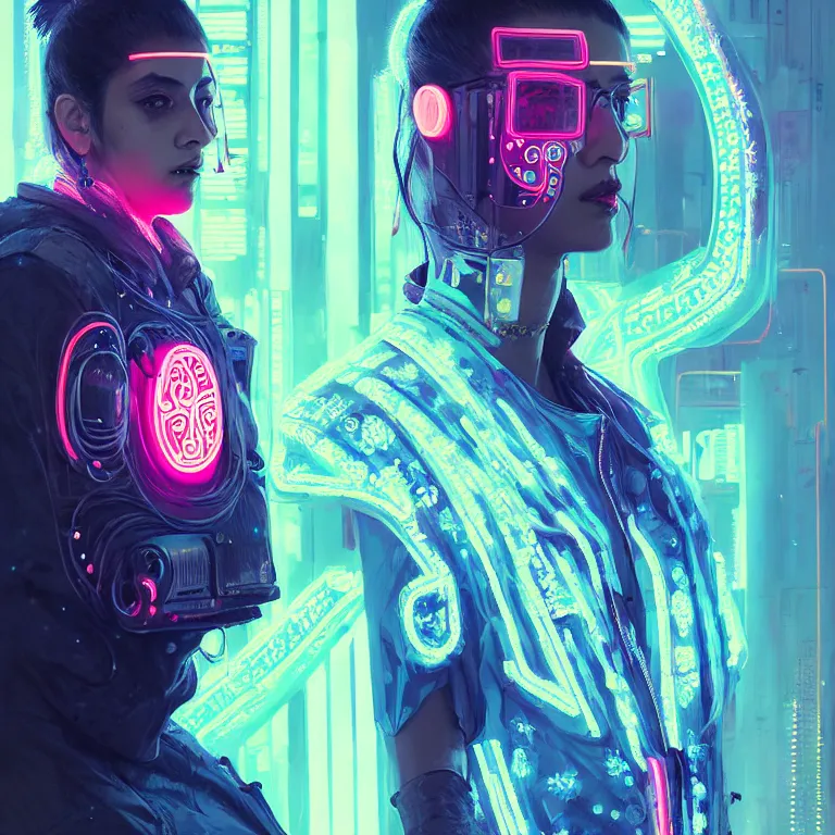 Image similar to etailed portrait virgul, neon operator, cyberpunk futuristic neon, reflective puffy coat, decorated with traditional chinese ornaments by ismail inceoglu dragan bibin hans thoma greg rutkowski alexandros pyromallis nekro rene maritte illustrated, perfect face, fine details, realistic shaded, fine - face, pretty face