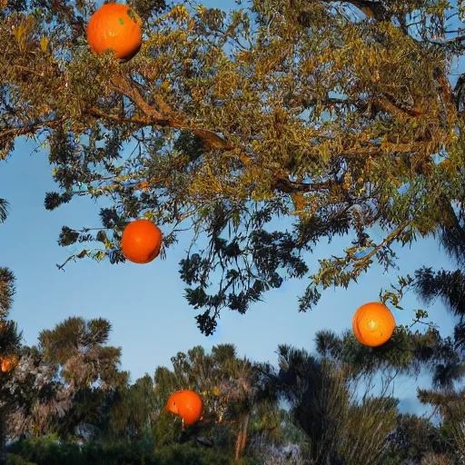 Image similar to a tree growing oranges outside a california suburban home, style of photographers willem verbeeck and Kyle McDougall, complimentary colors, filmic, golden hour