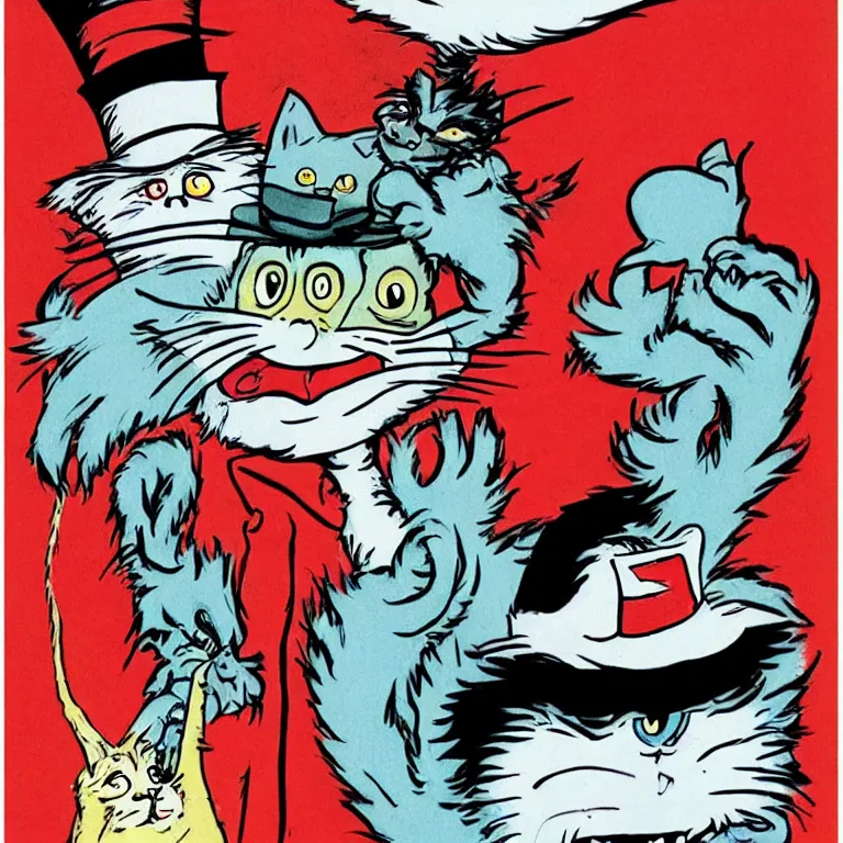 Prompt: cat in the hat terrifying nightmare, illustration by dr. seuss