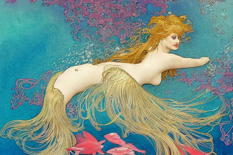 Image similar to a beautiful intricate watercolor illustration of goldie hawn as a mermaid in a coral reef, tropical fish and coral, 4 k, ultra - wide angle, by william turner, by victo ngai, by alphonse mucha, by miho hirano, by moebius, hd, trending on artstation, hyper detailed, muted intense colors