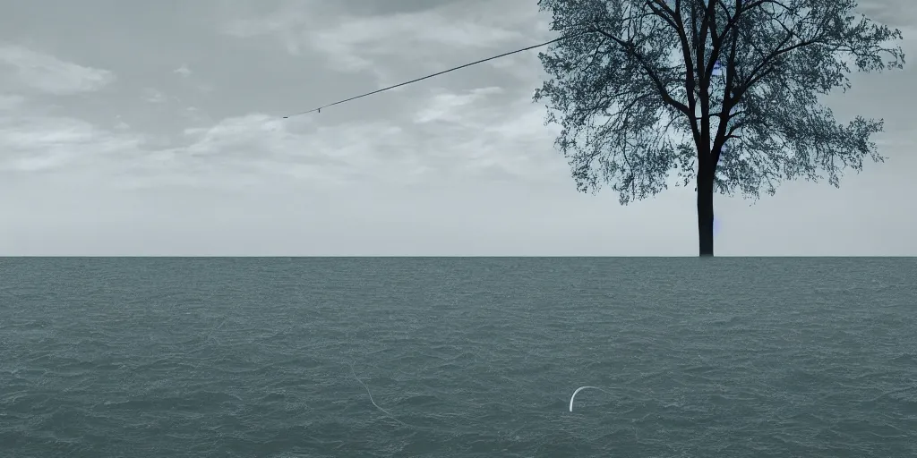 Prompt: centered subjected photograph of a long infinite rope snaking across the surface of the water, stretching out towards the center of the lake, a dark lake on a cloudy day, trees in the background, anamorphic lens