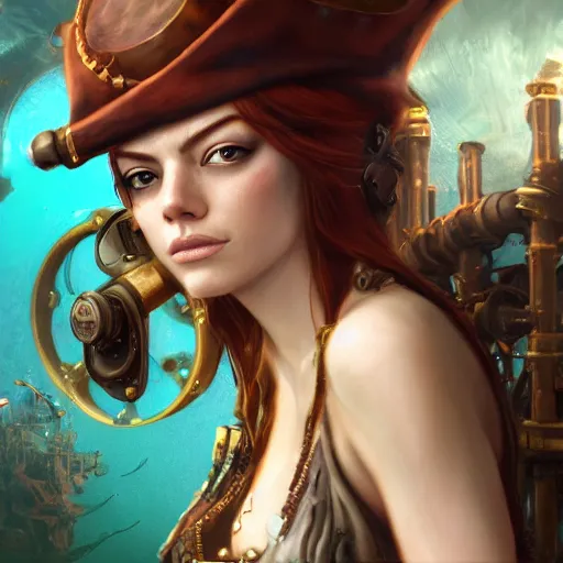 Image similar to underwater steampunk pirate portrait of emma stone, hyper detailed, digital art, trending in artstation, cinematic lighting, studio quality, smooth render, unreal engine 5 rendered, octane rendered, art style by klimt and nixeu and ian sprigger and wlop and krenz cushart.