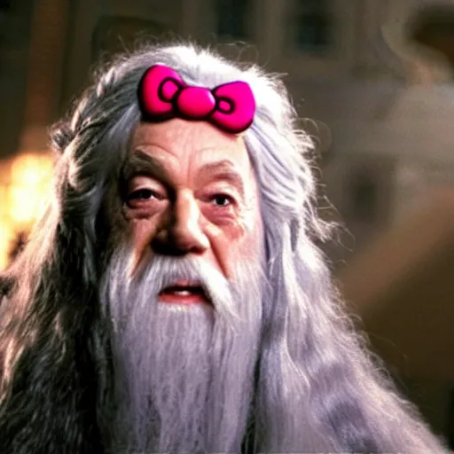 Image similar to portrait of Gandalf dressed up as hello kitty,smiling kindly, movie still from Lord of the Rings