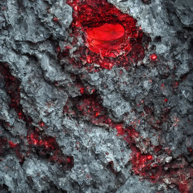 Image similar to big red ruby crystal gems embedded in rock, worn decay texture, intricate concept art painting, fantasy, nature grotesque dark