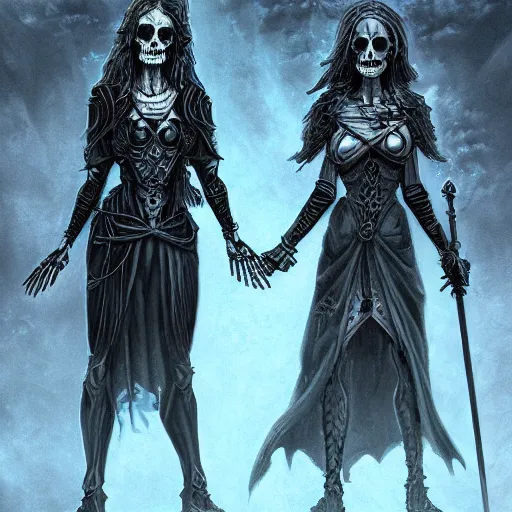 Image similar to a tarot card of a two female necromancers, raising skeletons, ominous nighttime storm, fantasy, d & d, intricate, elegant, highly detailed, digital painting, artstation, concept art, matte, sharp focus, illustration, art in the style of disney