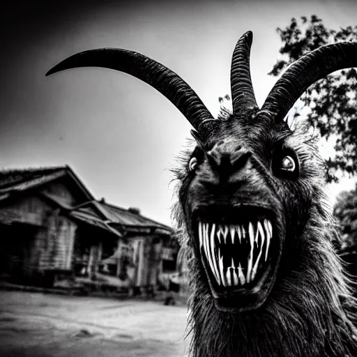 Image similar to horror photography, cinematic, daytime, wide shot, snarling mutant goat monster with a mouth crammed full of sharp teeth and filthy matted fur, village square, terrified villagers