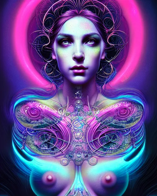 Image similar to beautiful realistic intricately detailed full frontal pose portrait of a sensual young dream goddess of the lucid realm, intricate halo of bubbles, droplets, neon swirls, tabs of lsd, solar flares, stardust, art by kilian eng, artgerm, greg rutkowski and h. r. giger, gothic, neo - gothic, ornamental, beautiful vivid colors