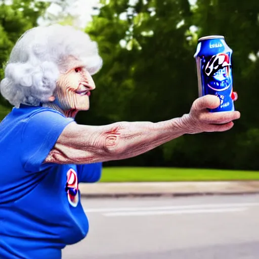 Image similar to Pepsi Man is throwing cans of pepsi at elderly woman. realistic photograph.