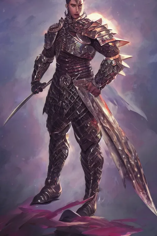 Image similar to Full body character concept art of an anime draconian warrior knight, iridescent scales, cool face, muscular, by Stanley Artgerm Lau, WLOP, Rossdraws, James Jean, Andrei Riabovitchev, Marc Simonetti, and Sakimichan, tranding on artstation