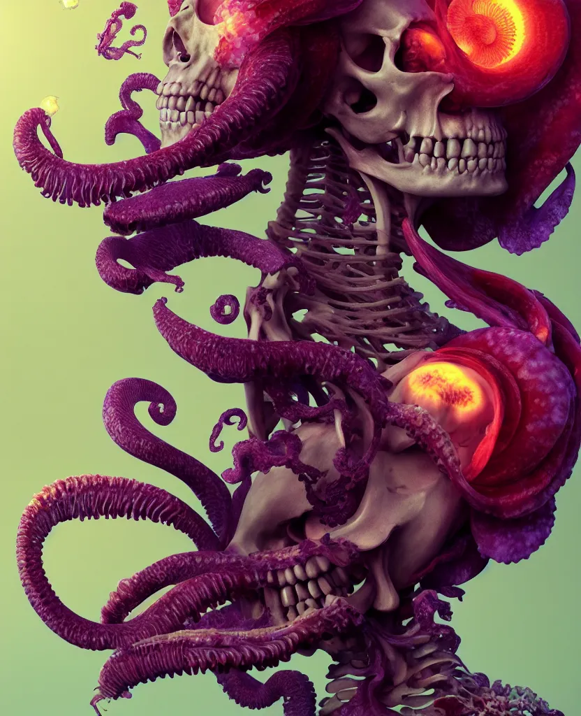 Image similar to goddess close - up portrait human skeleton, ram skull, squid phoenix jellyfish, orchid, betta fish, bioluminiscent, intricate artwork by tooth wu and wlop and beeple. octane render, trending on artstation, greg rutkowski very coherent symmetrical artwork. cinematic, hyper realism, high detail, octane render, 8 k