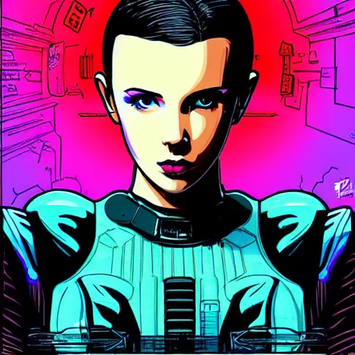 Prompt: Cyberpunk Millie Bobby Brown by Butcher Billy