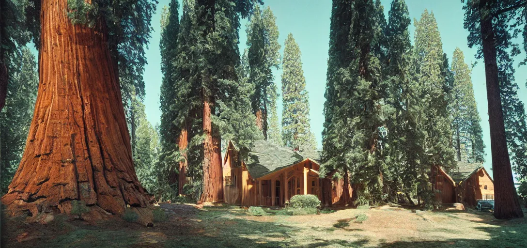 Image similar to house built into and inside a single giant sequoia. color photograph by jerry uelsmann. fujinon premista 1 9 - 4 5 mm t 2. 9. portra 8 0 0.