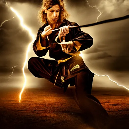 Prompt: martial artist, cinematic lightning. dramatic sky, insanely detailed and intricate, golden ratio, hypermaximalist, elegant, ornate, luxury, elite, matte painting, cinematicm