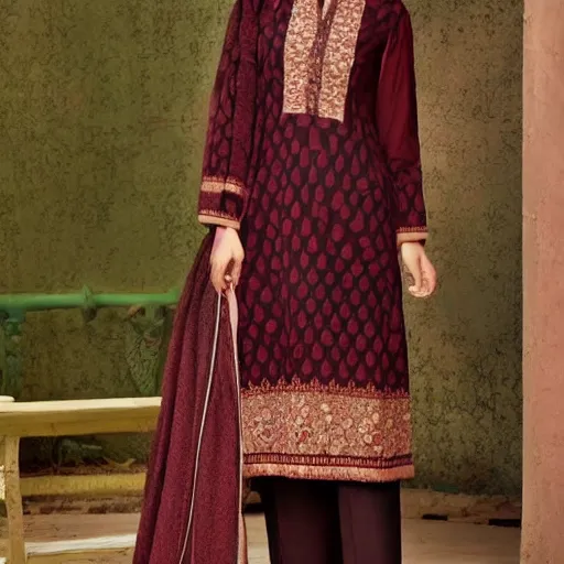 Image similar to a kashmiri paisley design in maroon and beige colors on clothes