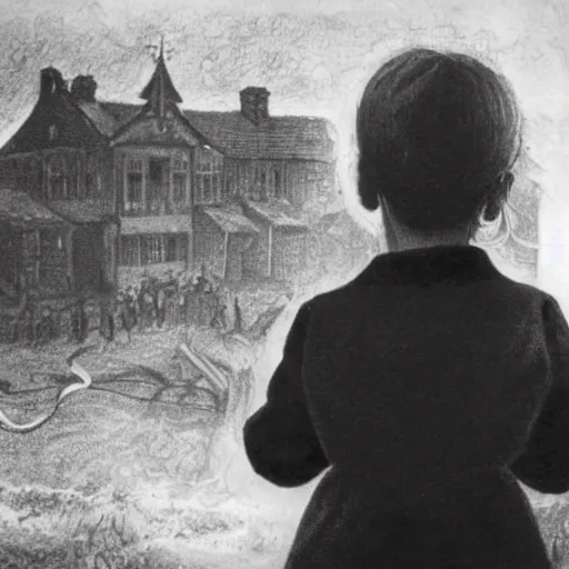 Prompt: young girl watching an old victorian house burning, the background burning houses, destroyed churches, and red ribbons fly into the black sky