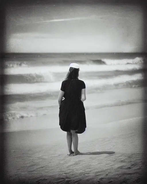 Prompt: “a black and white photograph of a woman on the beach, realistic, vintage, antiqued look, grainy film”
