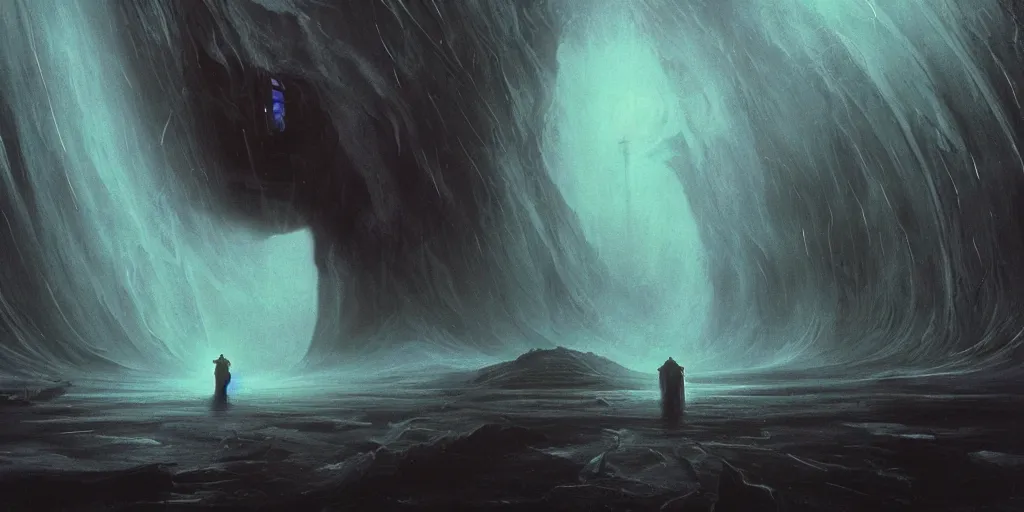 Image similar to maelstrom, gehenna, chaos, the world without form and void, wide shot of a dark sith lord in a robe with electricity, amazing concept painting by Jessica Rossier and HR giger and Beksinski, 1970s film by Stanley Kubrick, iconic scene, stunning cinematography, hyper detailed, sharp, anamorphic lenses, kodak color, 4k, stunning concept art