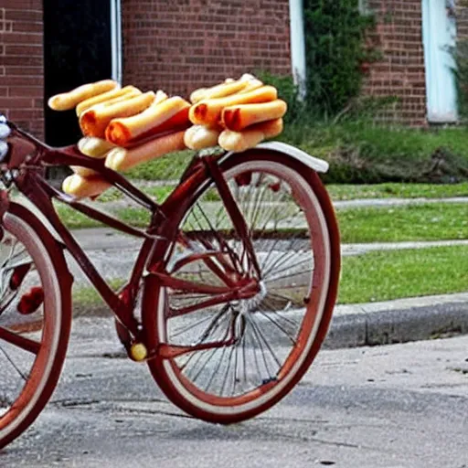 Prompt: a bicycle made of hot dogs