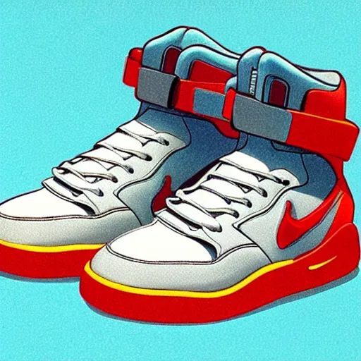 Prompt: retro futuristic Nike Air Mag sneakers by syd mead, grainy matte painting, geometric shapes