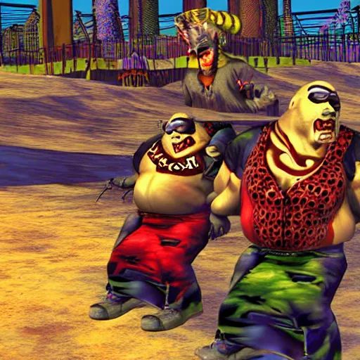 Prompt: Juggalo coneheads, twisted metal ps1 graphics