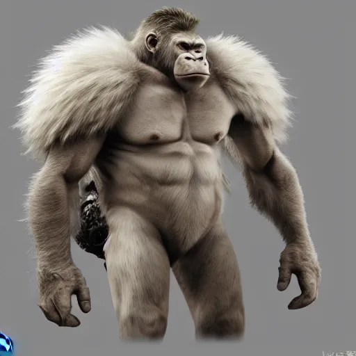 Prompt: angry tough rough looking albino gorilla. scars, battle damage, scratched armor, interesting 3 d character concept by square enix, rough game art, hyper detailed, character modeling, cinematic, final fantasy, video game character concept, ray tracing, fur details, maya, c 4 d