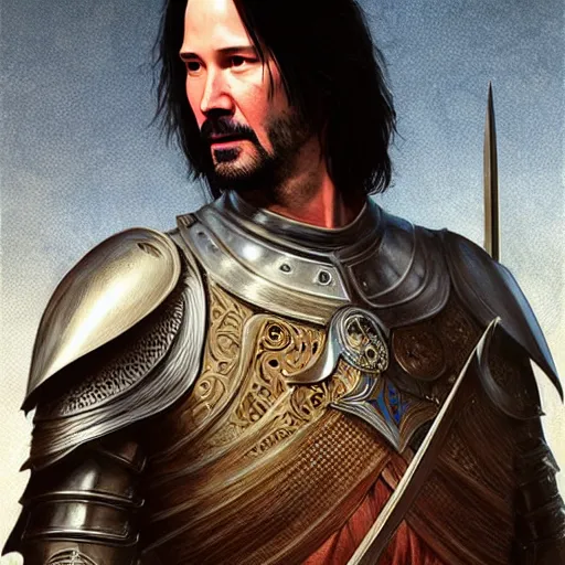 Image similar to Keanu Reeves dressed as a knight, D&D, fantasy, intricate, elegant, highly detailed, digital painting, artstation, concept art, matte, sharp focus, illustration, art by Artgerm and Greg Rutkowski and Alphonse Mucha