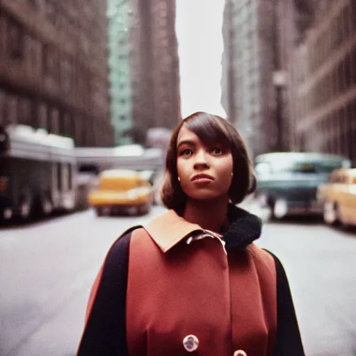 Prompt: medium format film portrait of a woman in new york by street photographer, 1 9 6 0 s, gorgeous portrait featured on unsplash, photographed on colour expired film