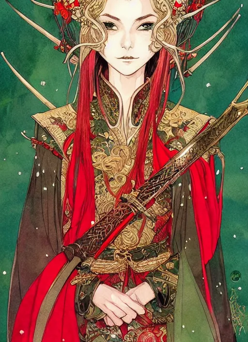 Prompt: beautiful elven queen in red green gold dress, detailed portrait, wearing kimono armor, sword, by conrad roset, takato yomamoto, jesper ejsing, beautiful