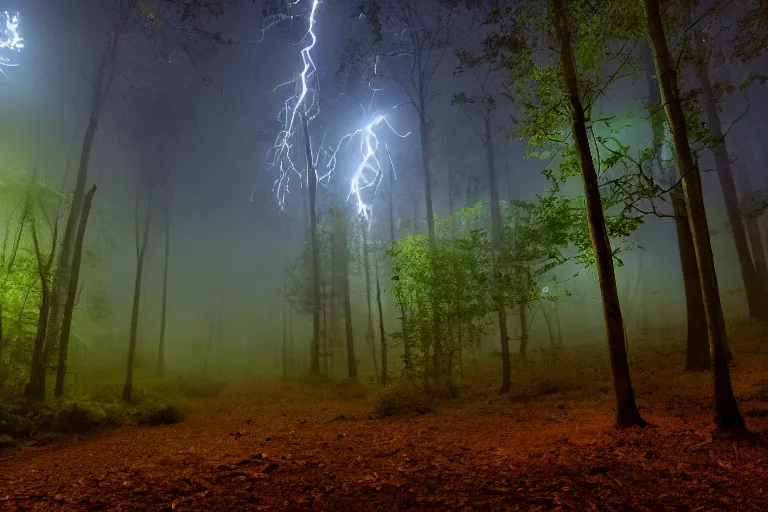 Prompt: An ultrawide cinematic shot of a forest at night with fog and lightning.