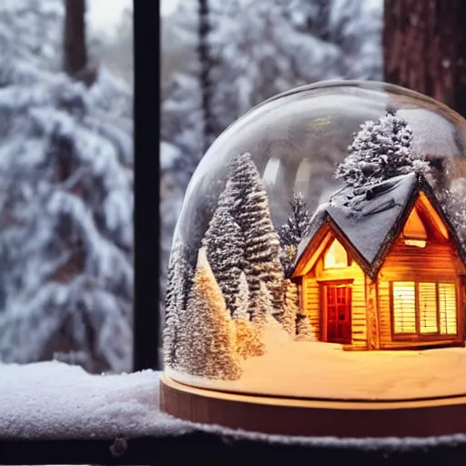 Prompt: a tiny wooden cottage with warm lights in the snow inside a snowglobe.