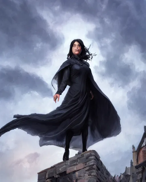 Prompt: close up portrait of lady vin from mistborn ascending to sky, waving the cape of long strips of fabric, wearing black tight clothing, medieval town landscape, detailed face, 4 k hd, digital painting, trending on artstation by ted nasmith