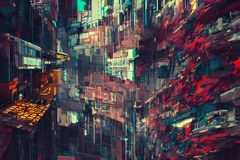 Image similar to fragmented architecture collage by atelier olschinsky and Ernst Haas, cyberpunk, (high contrast), ((oversaturated)), grafitti paint, bokeh, dof, unreal engine