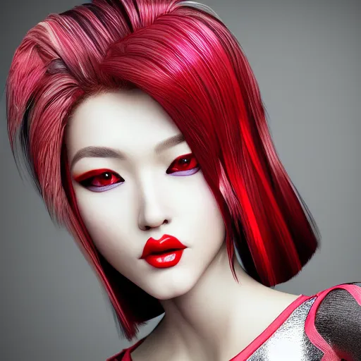 Image similar to Japanese model with maximalist hair style and makeup, bright colors, fashion model, unreal engine octane, red and white, portrait, gliter, depth of field, 8k, hyper detailed, intricate, trending on artstation