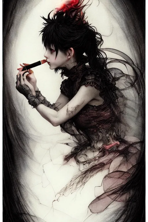 Image similar to Gothic girl smoking a cigarette, dark background. digital art. amazing quality. perfect lighting. Professional design. Great composition. by Ayami Kojima and Tomoyuki Yamasaki and Tsutomu Nihei, octane render, award winning art. impressive colors. trending on artstation. Brian Froud style