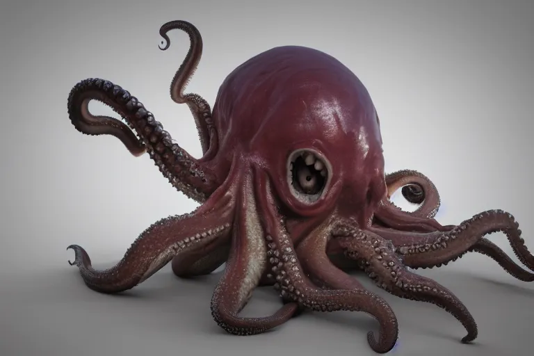 Image similar to An octopus made of muscles and flesh, very angry, teeth, ambient light, terror, glows, realistic, photo-realism, hyper realism, picture, detailed, 3D render, scary, distant shot, in the distance,