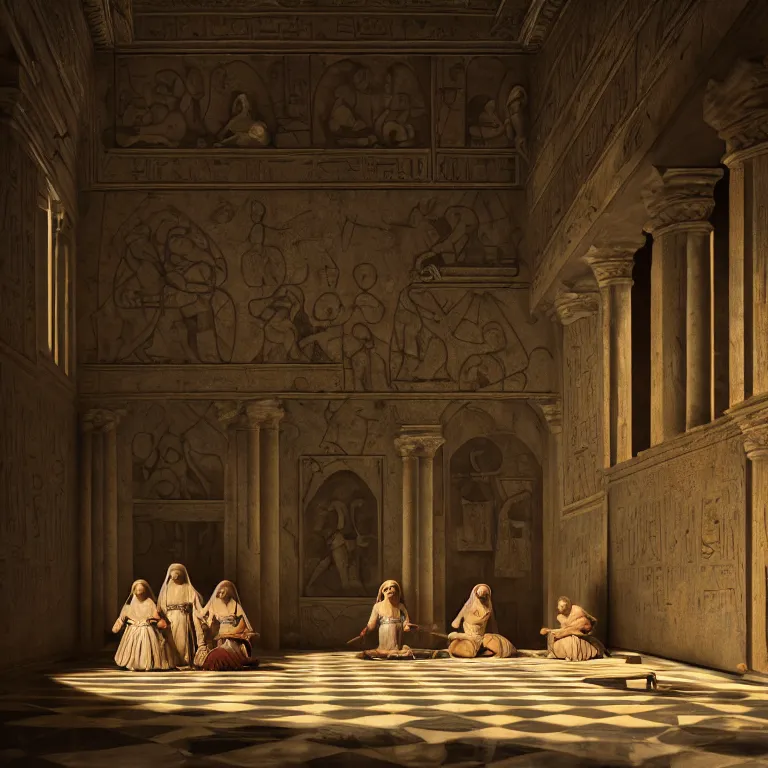 Image similar to Las Meninas but in ancient Egypt, dream-like atmosphere, symmetrical baroque painting, perfect composition, beautiful detailed intricate insanely detailed octane render trending on Artstation, 8K artistic photography, photorealistic, soft natural volumetric cinematic perfect light, chiaroscuro, award-winning photograph, masterpiece, Raphael, Caravaggio, Greg Rutkowski, Beeple