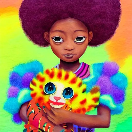 Image similar to an african girl with a colorful afro and big beautiful eyes playing with her pet rainbow tiger, bright colours, watercolor, volumetric wool felting, macro photography, children illustration, by goro fujita