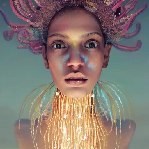 Image similar to a close - up shot of a brown woman wearing a luminous armor made of neon jelly fishes. surrounded by jelly fishes. soft lighting. fragile. haunting eyes!! coherent face!! no makeup!! muted colors. by ray caesar. by louise dahl - wolfe. by andrea kowch. surreal photography