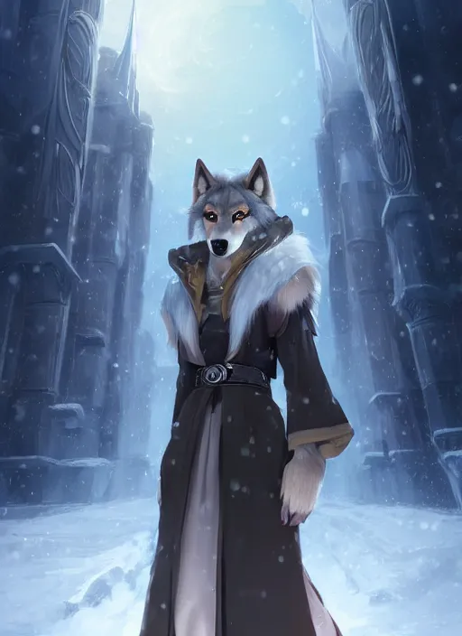 Image similar to beautiful portrait of a female anthro wolf fursona wearing jedi robes in a snow cyberpunk city. character design by charlie bowater, ross tran, artgerm, and makoto shinkai, detailed, soft lighting, rendered in octane