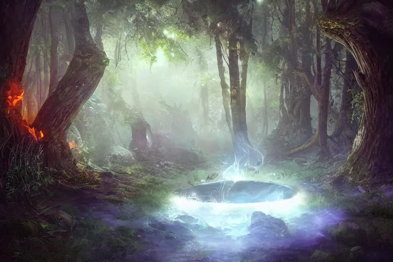Image similar to Lost Fairy Portal to the Flame Realm Hidden in the Deep Woods, atmospheric, volumetric lighting, realistic, illustration, fantasy, magic, arcane energy, ultra detailed