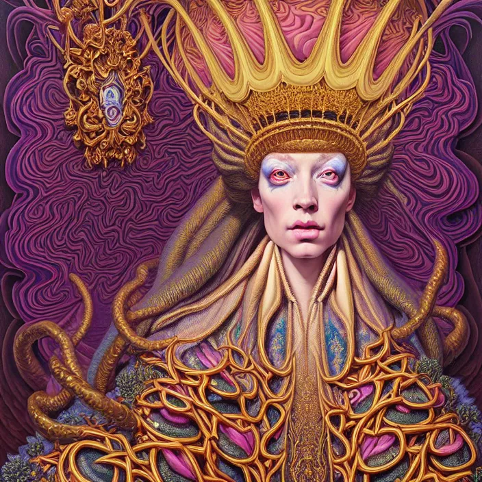 Image similar to beautiful oil painting, full length portrait of dauphinois in baroque coronation robes 1701, Dan Mumford, Dan Mumford, Alex grey, hyacinthe rigaurd, highly detailed , lsd visuals, dmt fractal patterns, hallucinogen, visionary art, psychedelic art, ornate, vaporwave, baroque, Greg rutkowski