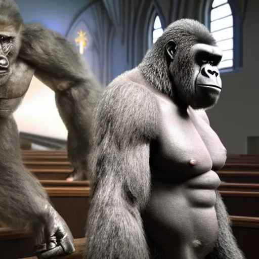 Image similar to big gorilla man terroizing church, 8k cinematic lighting, very sharp detail, anatomically correct