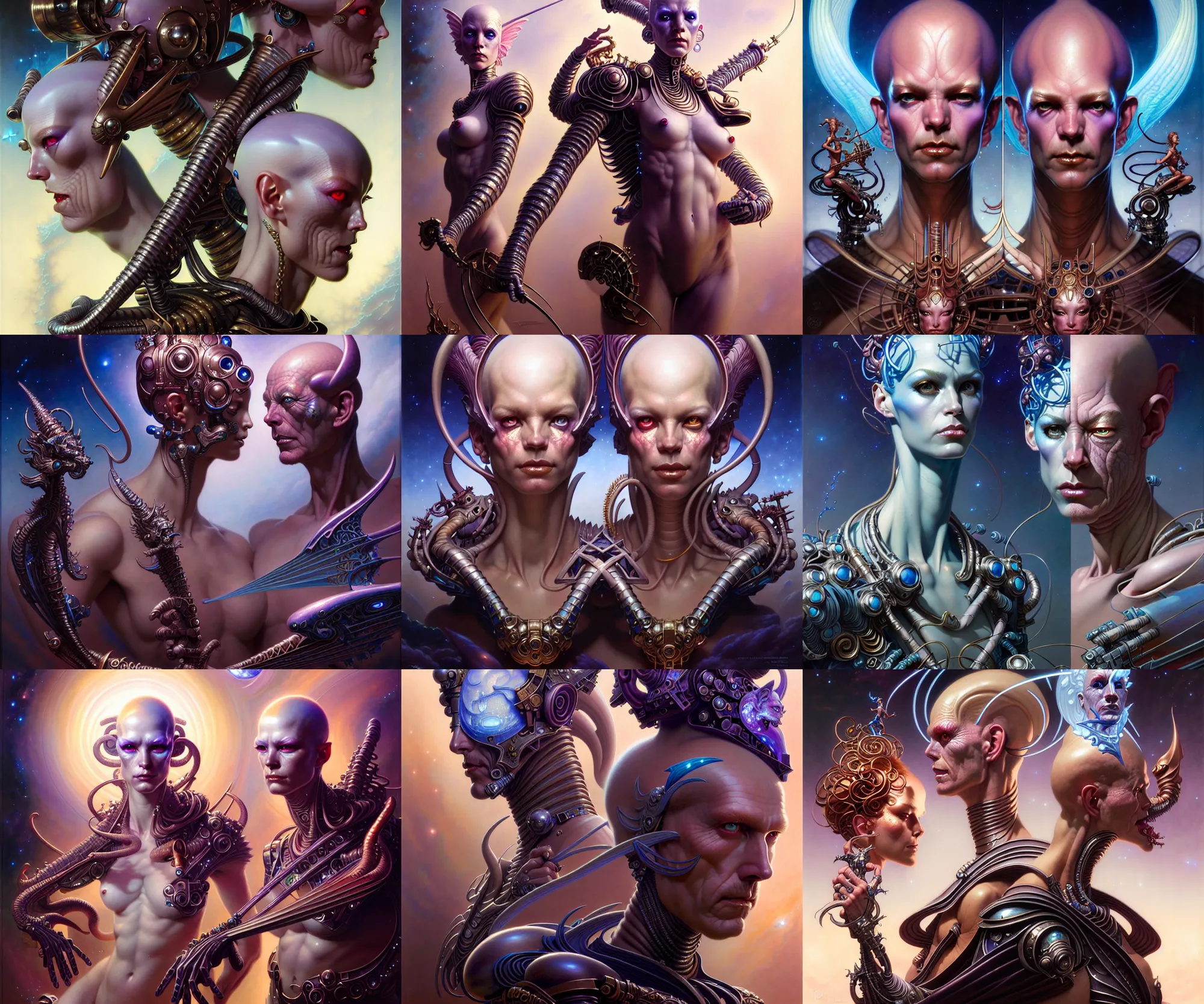 Image similar to beautiful gemini fantasy character portrait, ultra realistic, wide angle, intricate details, the fifth element artifacts, highly detailed by peter mohrbacher, hajime sorayama, wayne barlowe, boris vallejo, aaron horkey, gaston bussiere, craig mullins