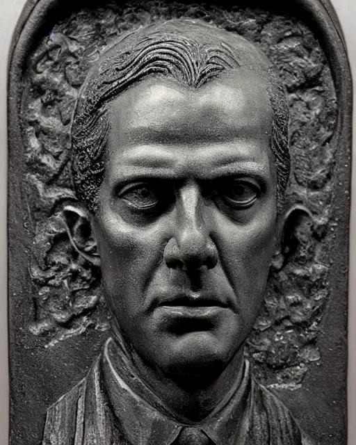 Image similar to portrait of a 1 9 2 0 s h p lovecraft as. a bar relief sculpture on a base, scholarly appearance, detailed face, 2 0 th century, highly detailed, cinematic lighting, digital art painting by greg rutkowski