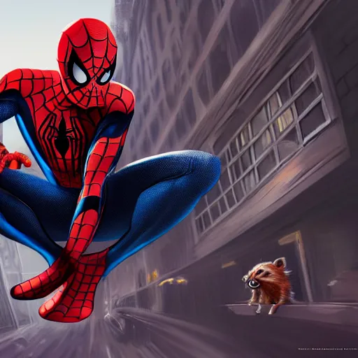 Image similar to spider - man sit on the raccoon and eating donuts, concept art, trending on artstation, highly detailed, intricate, sharp focus, digital art, 8 k