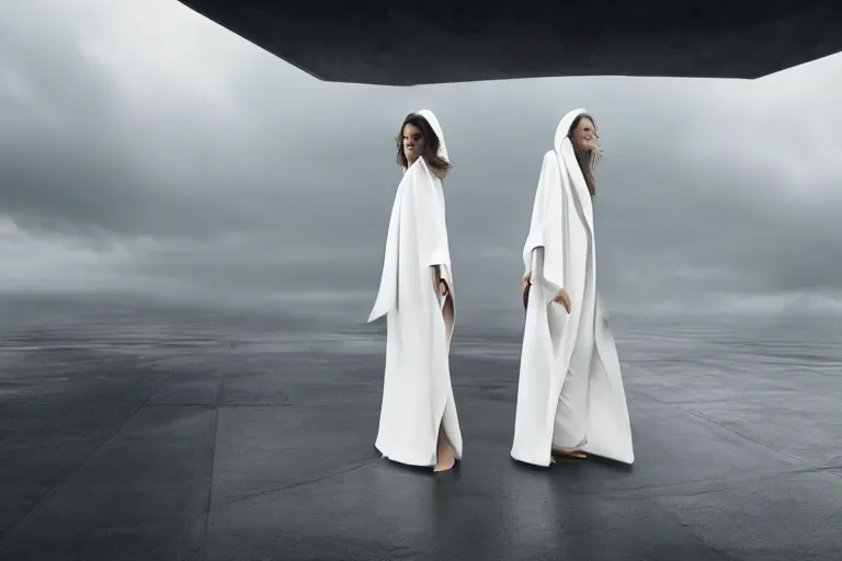 Prompt: a cinematic portrait of two women wearing long white futuristic coats, falling from the top of a sky scraper, 4 k, ultra realistic, dramatic lighting, rain, clouds, fog, vogue, fashion, glamour, magazine spread, by annie leibovitz