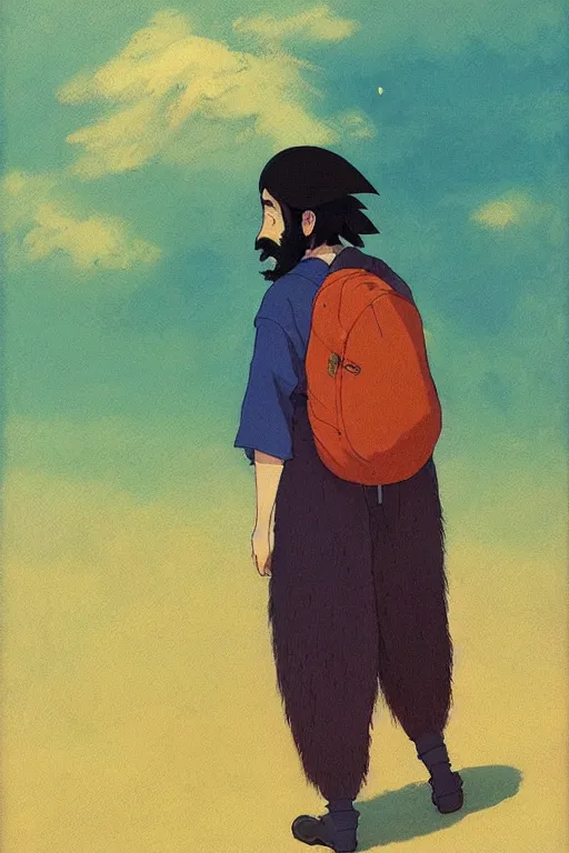 Prompt: a colorful portrait of a long bearded student rear view, morning, by studio ghibli painting, superior quality, masterpiece, traditional Japanese colors, by Grzegorz Rutkowski, concept art