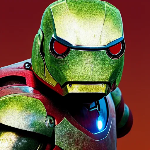 Prompt: frog with iron man armour 4 k photography