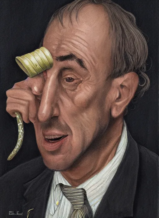 Image similar to portrait of a snake oil salesman by Paolo Eleuteri Serpieri, it idn't greasy