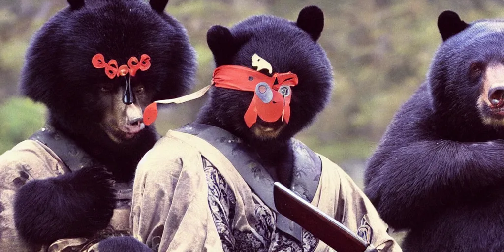 Prompt: scene from Shogun’s Shadow, 1989, movie still, cinematic, anthropomorphic, half man half asian black bear, black bear samurai, Moon Bear Samurai, epic, samurai